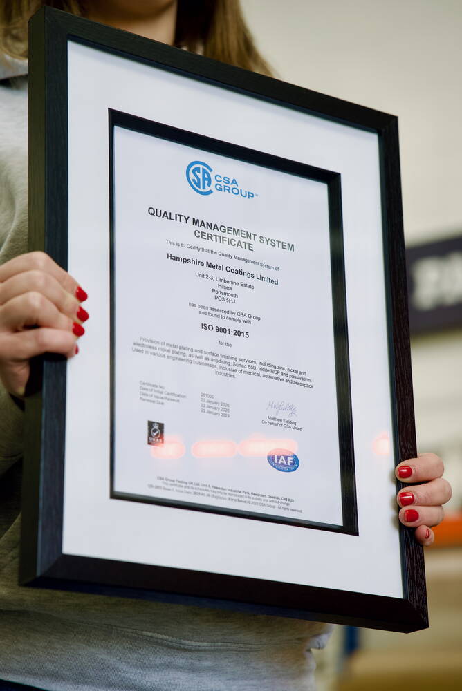 Hampshire Metal Coatings ISO 9001 certificate